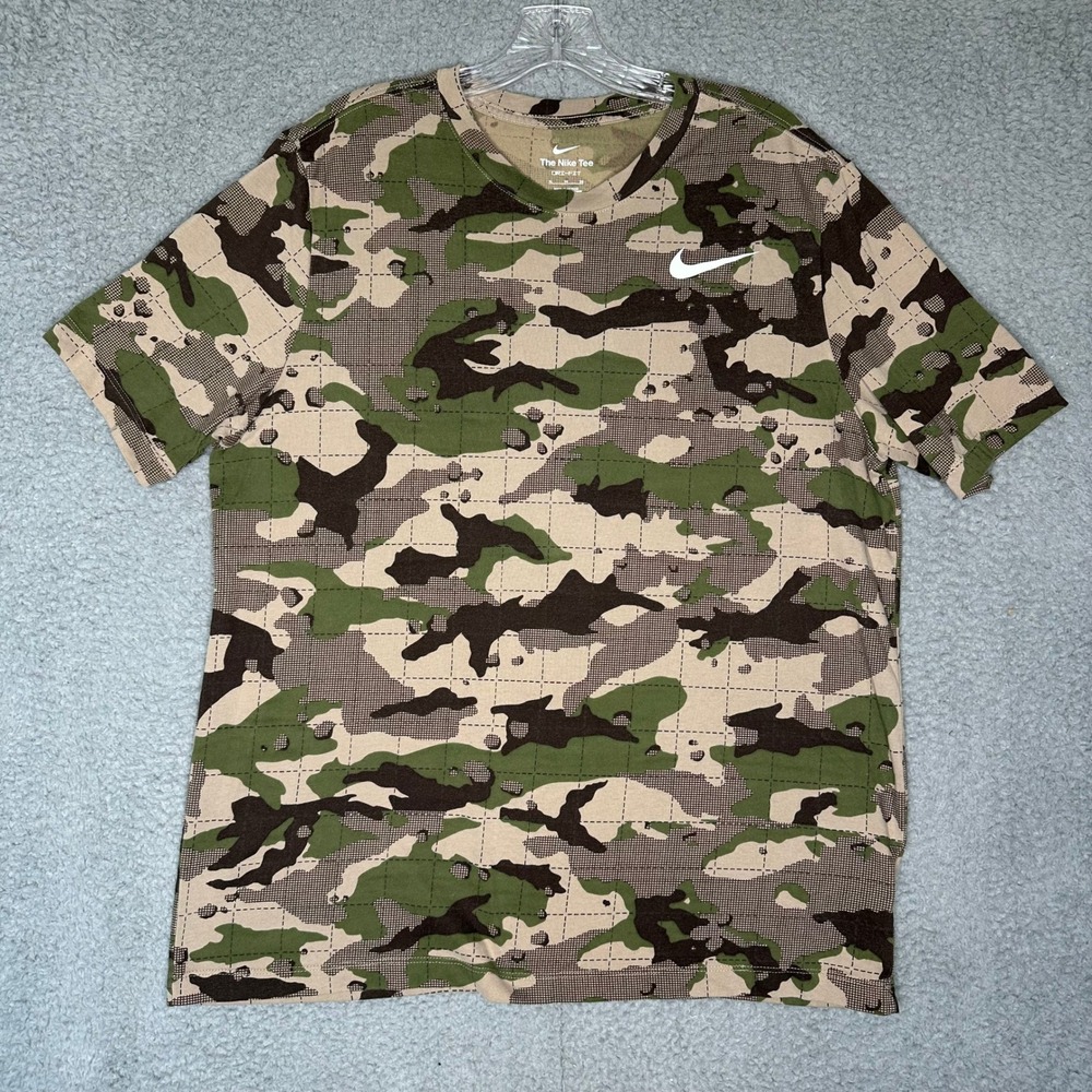 Nike Dri-FIT Mens XL Camo Grid T-Shirt Green Tan Brown Short Sleeve Activewear